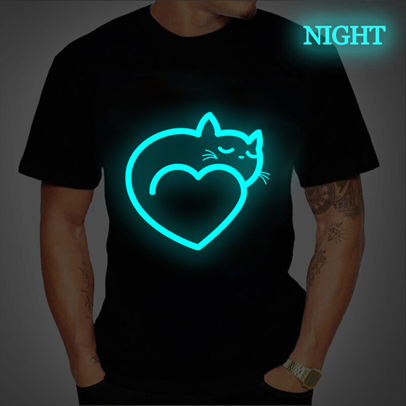 Футболка мужская оверсайз с коротким рукавом, модная светящаяся рубашка с принтом Love Cat, уличная одежда в стиле хип-хоп, лето