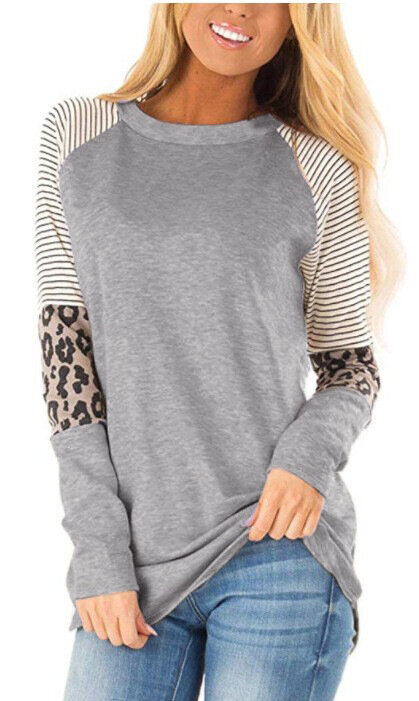 Camisa larga ajustada de color a juego con cuello redondo y estampado de leopardo para mujer, nueva moda, otoño e invierno, 2022