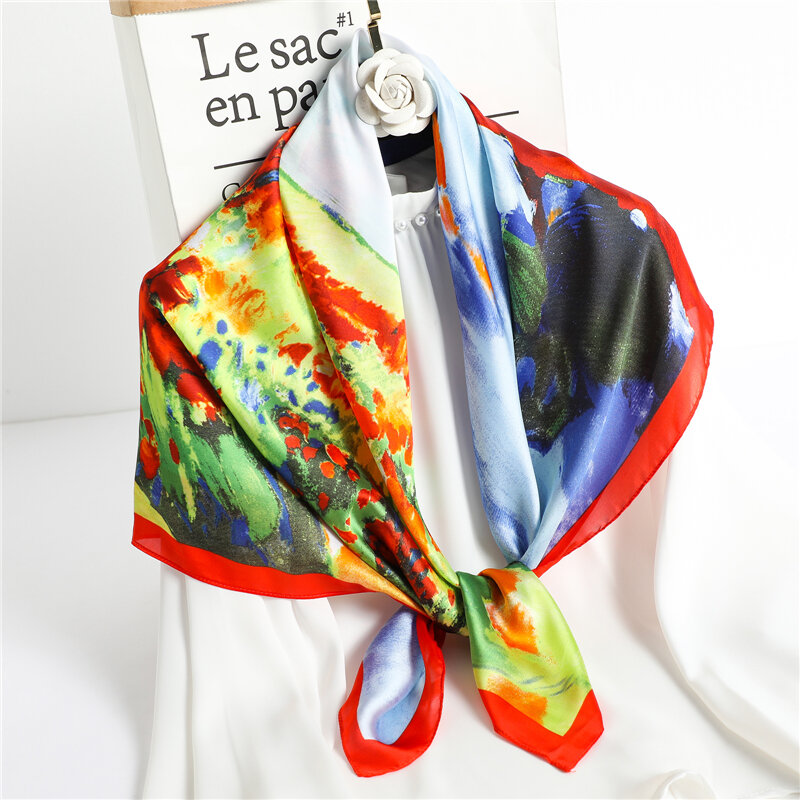 Foulard carré en Satin de soie imprimé pour femmes, Hijab, Bandana, nouvelle mode, châles floraux, sac portefeuille, bandeau, 90x90cm, 2021