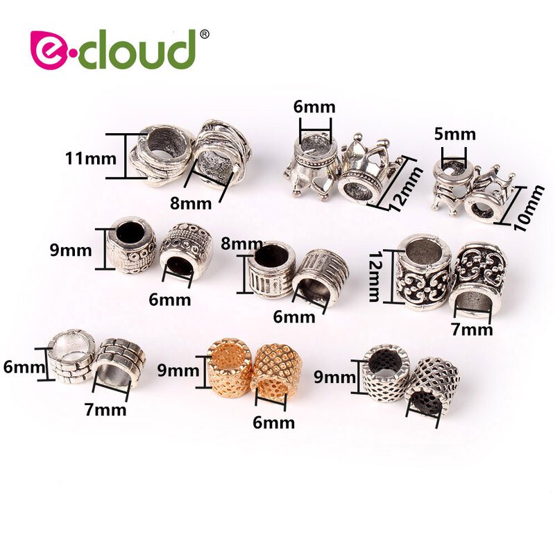 10Pcs/Lot Silver Metal Beads Set Dreadlock Beads dread beads Different 9 Style Braid Cuffs Clip Beads Unadjustable Hair Rings