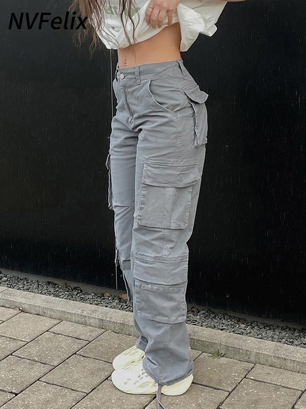 Nvfelix-Calças femininas vintage de carga, jeans largos, streetwear anos 90, perna larga, cintura alta, reta, Y2K, calças jeans, bolsos, moda