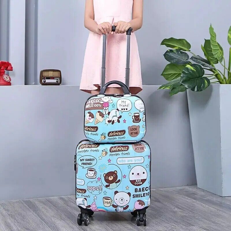 Nova menina bonito 18 polegada rolando bagagem com saco de cosméticos menino trole mala sobre rodas estudante escola bagagem crianças bolsa