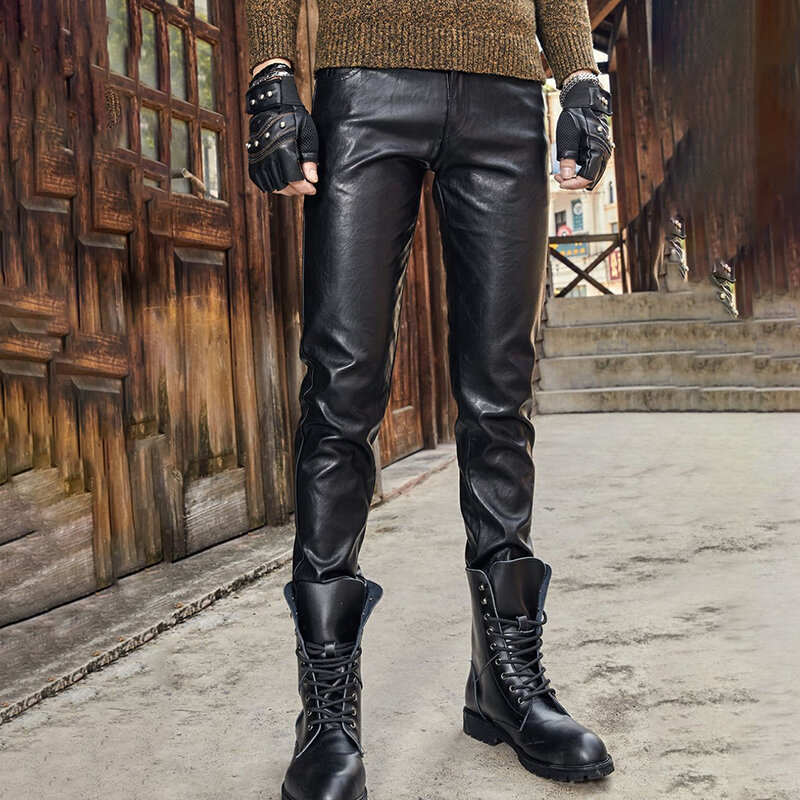 Брюки мужские из искусственной кожи, мотоциклетные приталенные штаны в стиле Хай-стрит, танцевальные Клубные брюки в стиле Харадзюку, в стиле панк