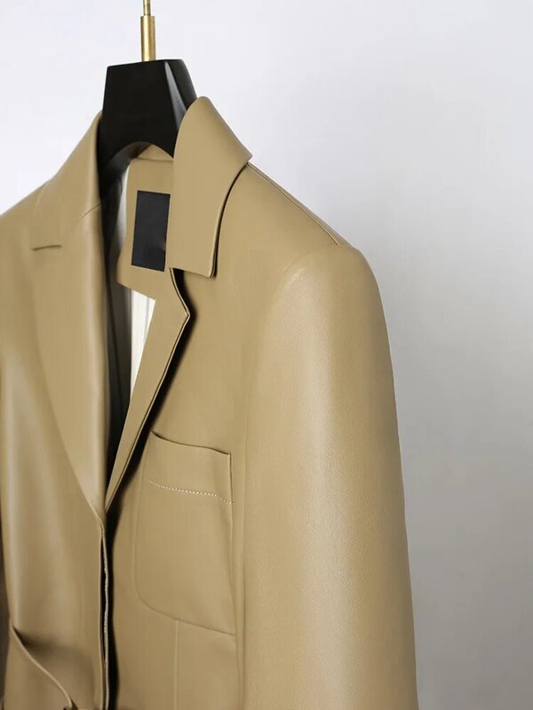 2022 весеннее Новое поступление Женская куртка из натуральной кожи контрастное китайское ретро пальто с рукавами-пузырями тонкое кожаное па...