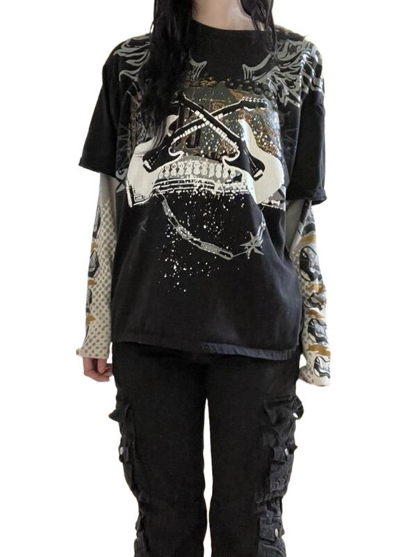 Vintage Punk Fee Grunge Langarmhemd für Frauen-Harajuku Goth Grafik Baggy T-Shirts für Teen Girls
