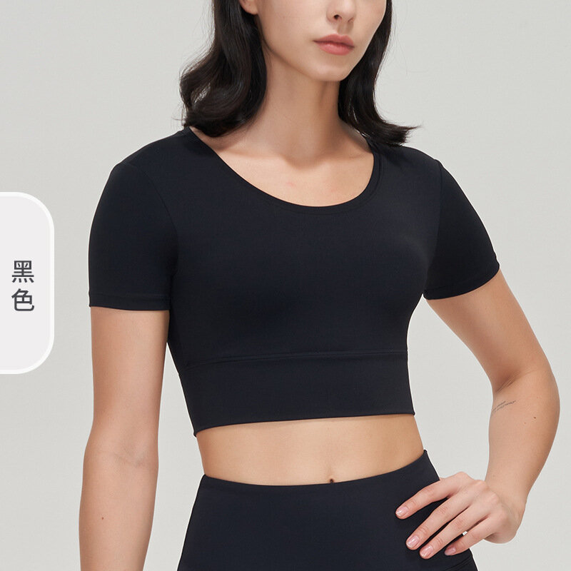 Yoga dress women with chest pads sports shirt short-sleeved running show thin solid color vest new fitness clothes ropa mujer