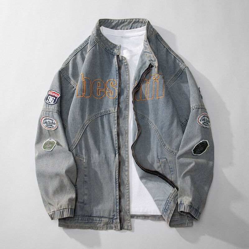 Spring Autumn Do Old Embroidery Patches Denim Jackets Zipper Strand Loose Cotton Jaqueta Jeans Chaquetas Hombre Masculina Coats
