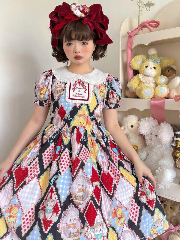 [[Showa Kính Vạn Hoa]] Lolita Đầm Vintage Nữ OP Thêu Tay Ngắn Công Chúa Đầm Dự Tiệc Ngọt Nhật Bản Kawaii Lolita