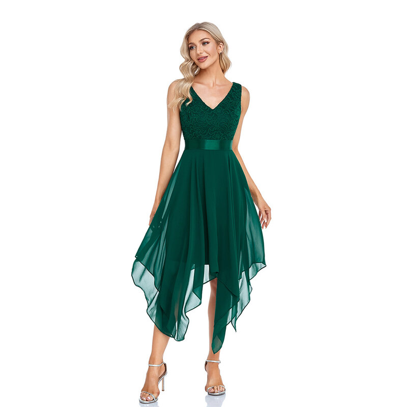 Linha a decote em v renda & chiffon verde cocktail vestidos de festa chá-comprimento vestido de formatura atacado vestido de baile