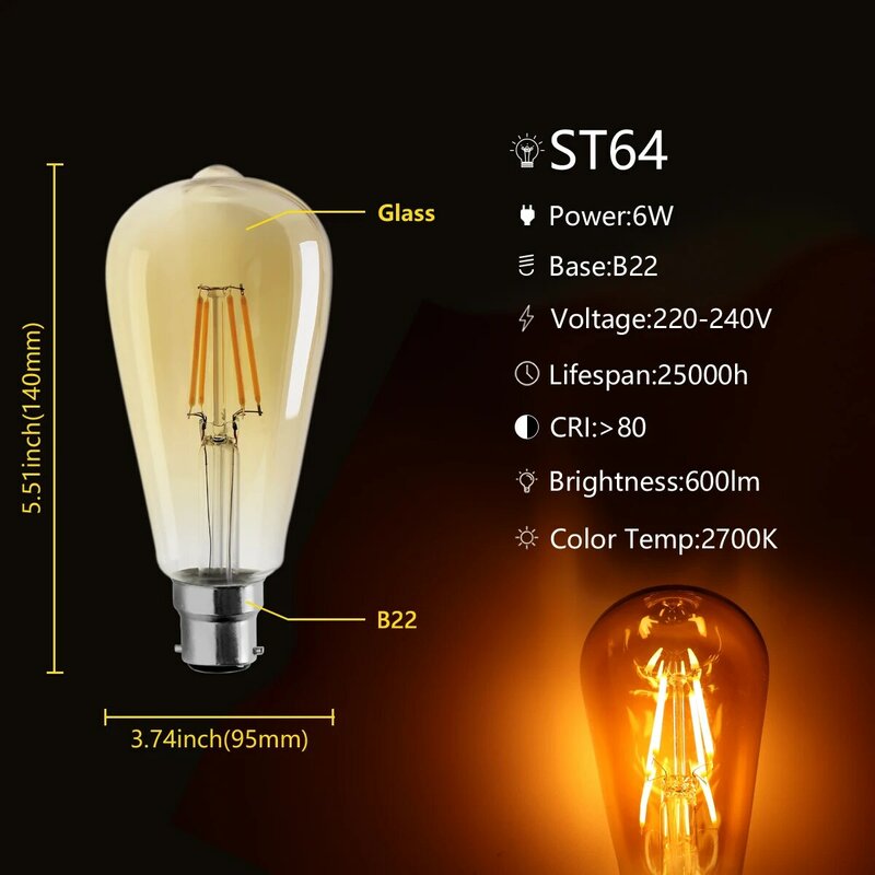 ST64หลอดไฟ6W B22 6ชิ้น/ล็อต Retro Edison Ampoule 220-240V Vintage โคมไฟ2700K แก้ว light Bombilla