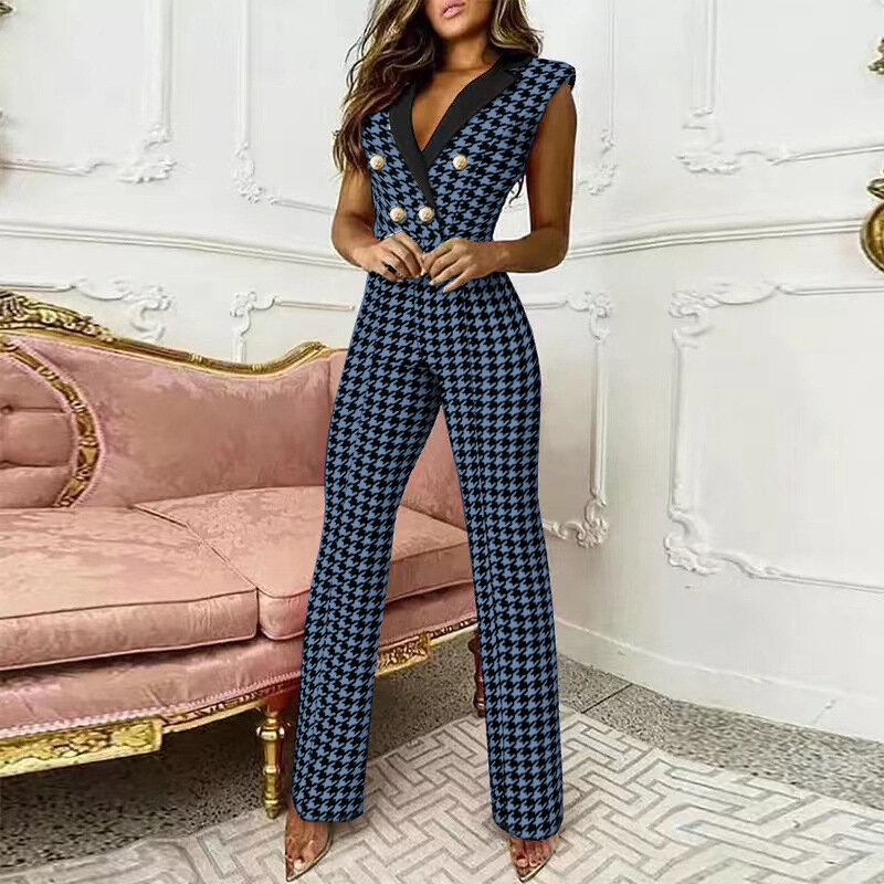 2022 Summer Red Jumpsuits Women Elegant Office Ladies Button Rompers Fashion Houndstooth Print Casual Wide Leg Pants Playsuits