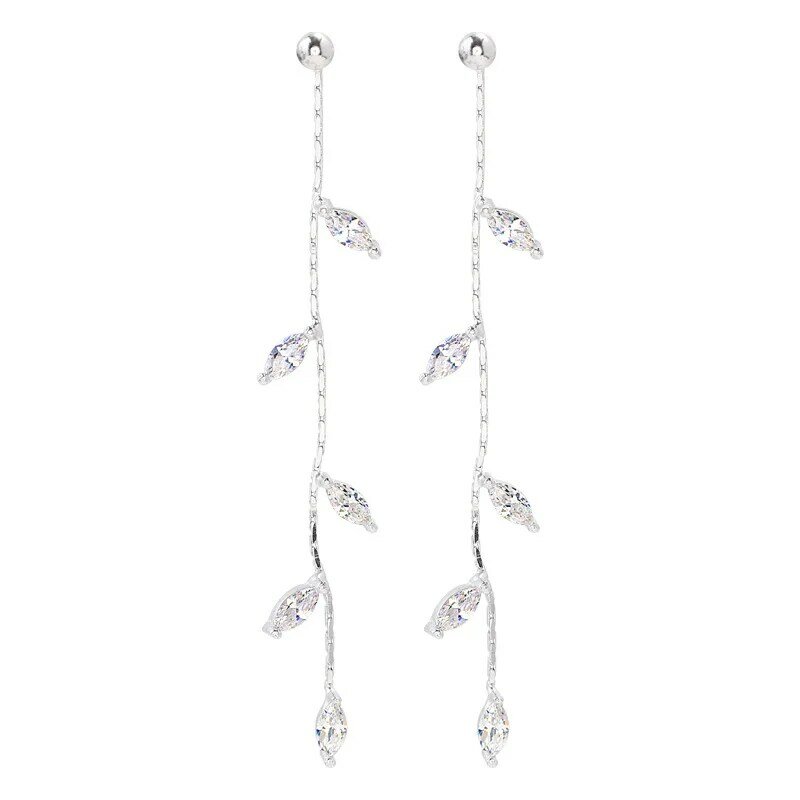 Pendientes de plata de ley 925 para mujer y niña, aretes largos con forma de hoja de cristal, joyería de moda para fiesta y boda, eh962