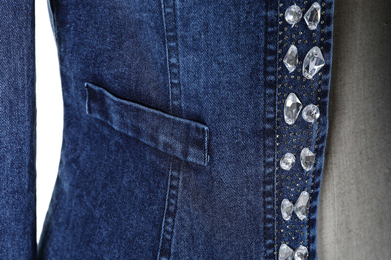 Vintage Cardigan Diamonds Crystal Sequins Casual Spring 2022 New Denim Jacket Zipper Long-Sleeved Denim Coat Female Tops 862B