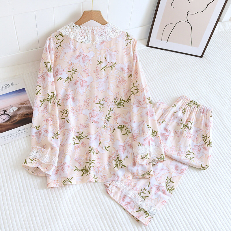 Spring And Summer Women's Pajamas Long-sleeved Trousers Two-piece Set 100% Viscose Sweet Thin Large Flower Lace Homewear Suit