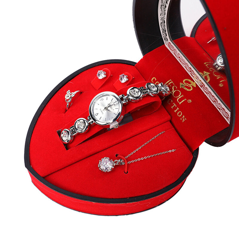 Relógios femininos conjunto de presente com caixa de cristal design colar brincos anel conjunto de jóias moda senhora relógio de quartzo presentes para o sexo feminino