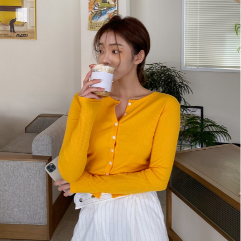 T-Shirt Lengan Panjang Pendek Mode Wanita Ramping Atasan Lengan Panjang Pendek T-Shirt Katun Warna Solid Wanita Musim Gugur