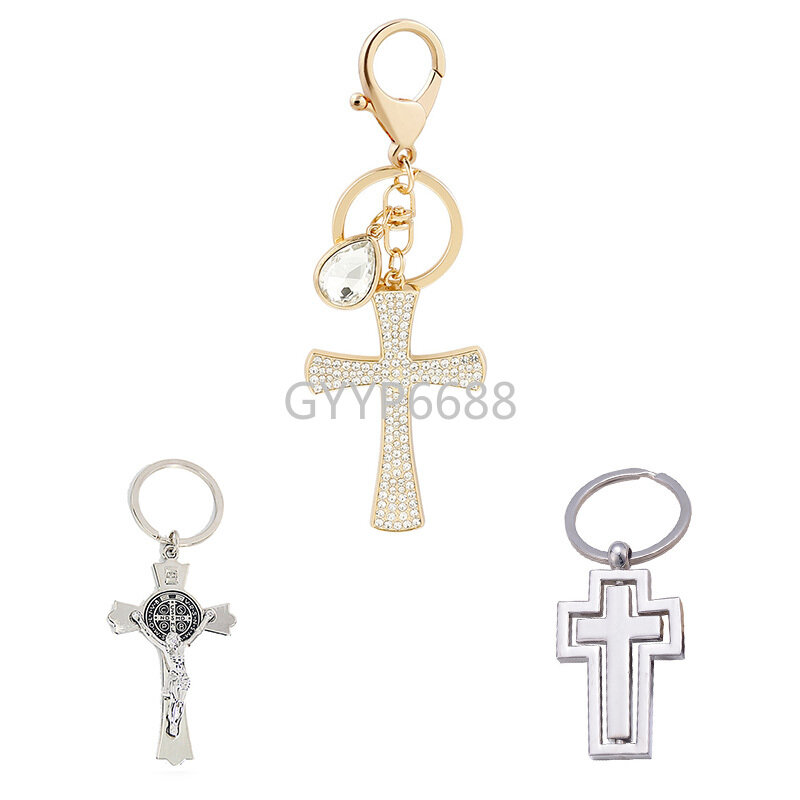 1-5-20-30pcs High Quality Metal Custom Religious Style Crafts Christian Cross Pendant Key Chains Luxury Diamond Key Rings