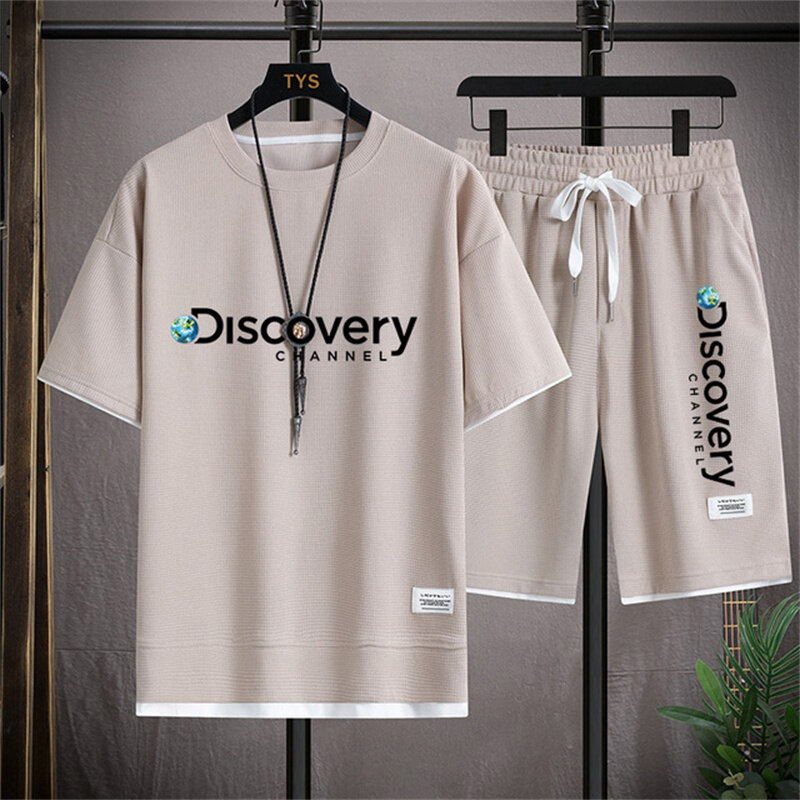 Terno esportivo Discovery masculino, calça respirável, camiseta de treino fitness, shorts de verão, conjunto de 2 peças