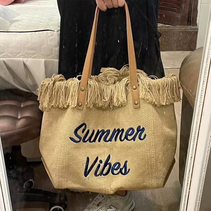 Bolso de playa para mujer, bolsa grande de lona con borlas simples, de gran capacidad, bordada