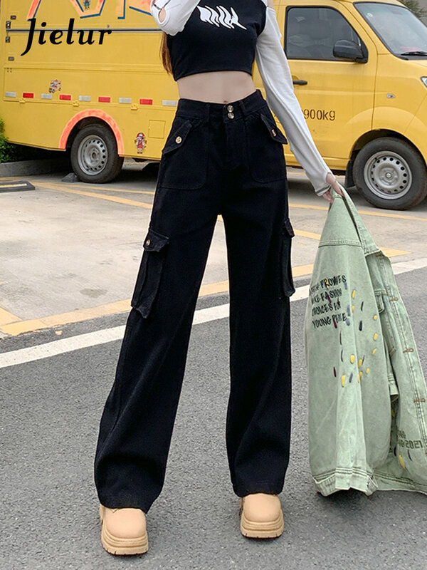 Jielur workwear preto carga jeans feminino streetwear multi-bolsos calças de cintura alta para mulher legal reta ampla perna calças S-XL