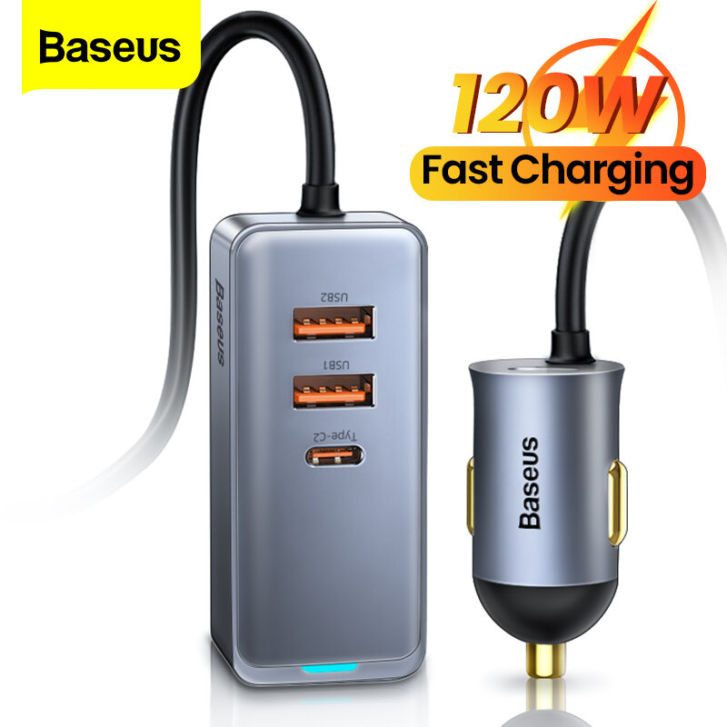 Автомобильное зарядное устройство Baseus 120 Вт USB Type C QC 3,0 PD, быстрая зарядка для iPhone Samsung, Разветвитель Прикуривателя, Автомобильный USB-адаптер
