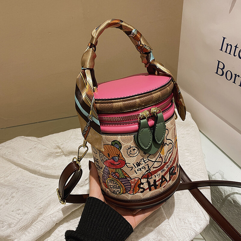 2022 Vintage Aesthetic Silk Scarf Printing Barrel Bags Graffiti Bucket Bags for Women Women Shoulder Bag Cartoon Fashion Handbag