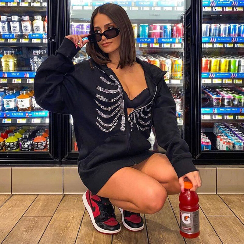 Strass esqueleto zip up camisolas de grandes dimensões verão goth hoodies feminino grunge com capuz jaqueta streetwear retro clothe