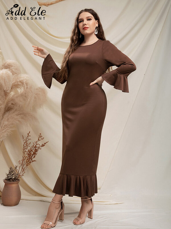 Adicionar elegante vestido de sereia tamanho grande feminino 2022 outono o pescoço casual suave solto elegante alargamento manga design roupas b1068