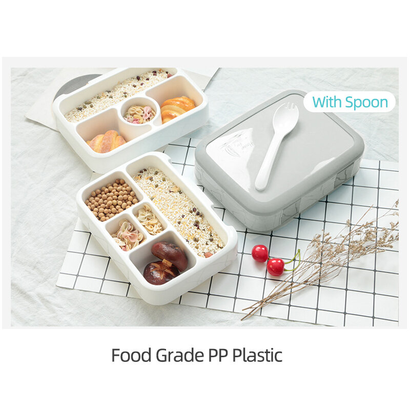 800ML Bento pudełko na Lunch z łyżeczką szczelny pojemnik na jedzenie z 5 przegródkami mikrofalowy Lunchbox na piknik
