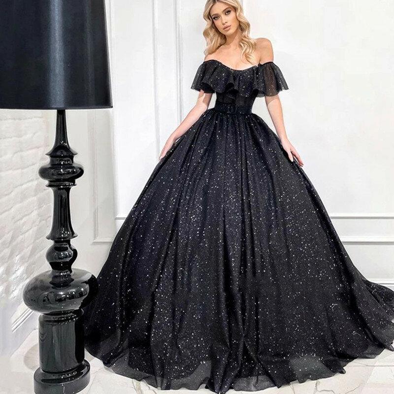 Black Sparkle Tulle Ball Gown ชุด2022 Off ไหล่ Gowns พรหมพรรคสำหรับผู้หญิง Robes De Soirée