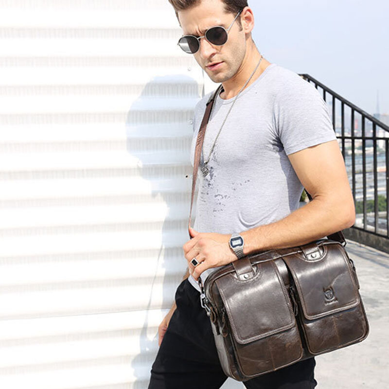 Men's Large Capacity Shoulder Bag Cross Body Sling Genuine Leather Crossbody Packtop Layer Cowhide Messenger Pack for Male