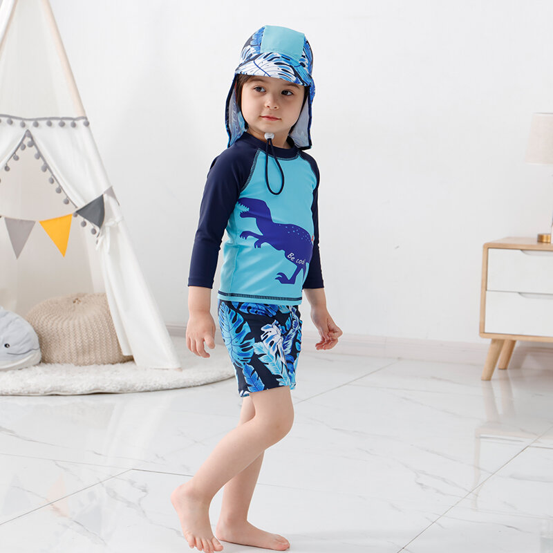2-16 y crianças maiô azul dinossauro um conjunto de peças com boné de banho meninos terno de natação criança 2022 novo bebê beachwear verão