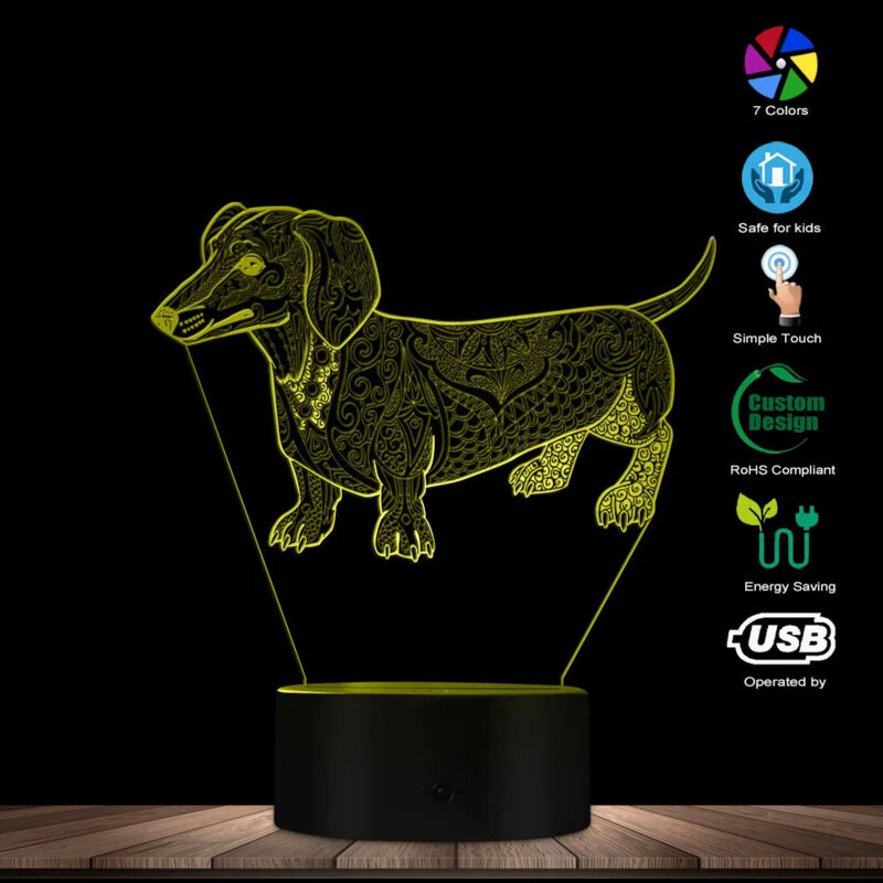 커스텀 디자인 귀여운 기질 추상 닥스훈트 개 커스텀 이름, 3D 광학 착시 조명, 빛나는 LED 램프, 애완 동물 애호가