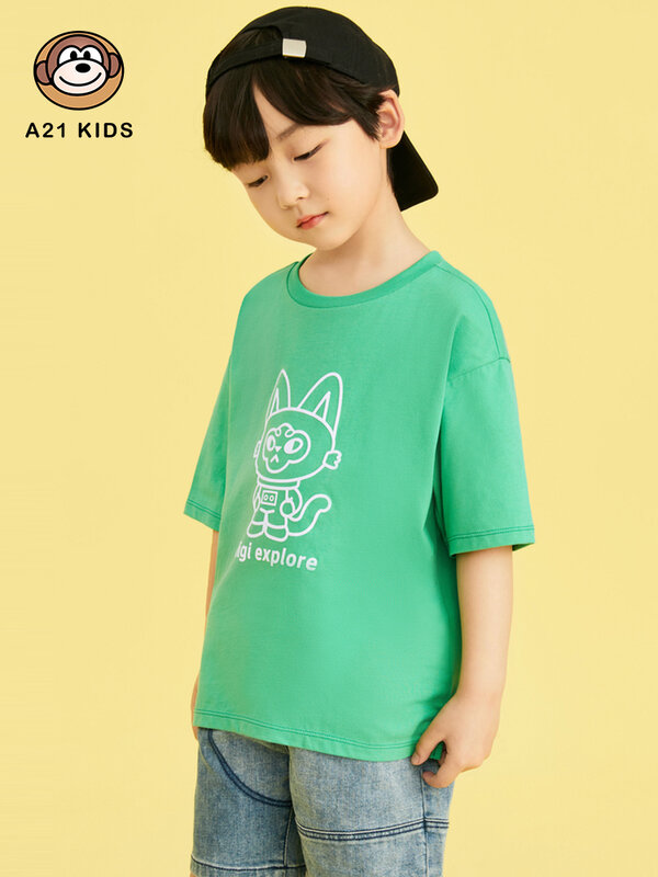 A21 소년 반팔 티셔츠 2022 여름 새로운 순수한 면화 재미있는 만화 기적 고양이 인쇄 느슨한 라운드 넥 캐주얼 어린이 탑