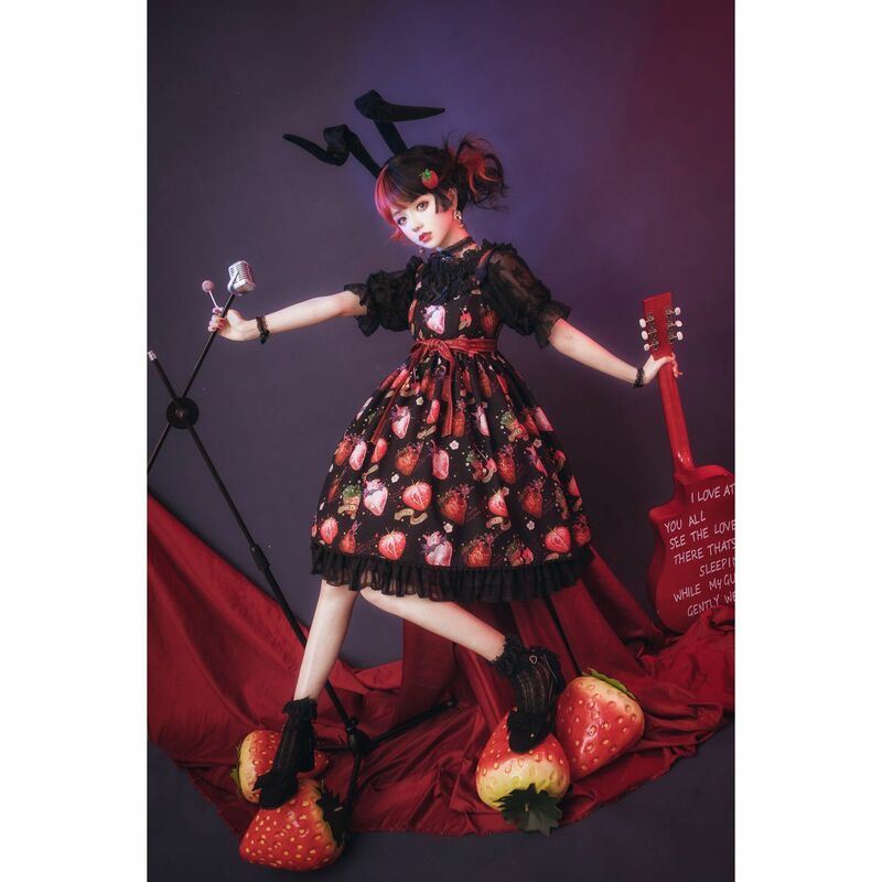 Japanese Gothic Lolita Dress Girls Vintage Dark Strawberry Lolita Jsk Dress Women Harajuku Cool Sleeveless Punk Suspender Dress