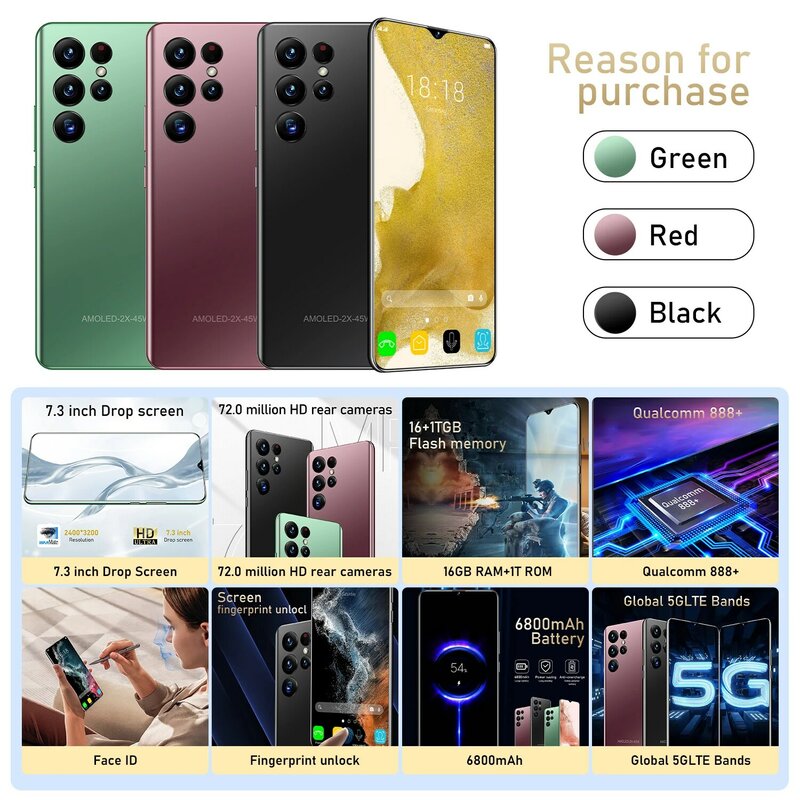 Teléfono Inteligente S22 Ultra, 5G, Qualcomm 888 +, versión Global, desbloqueo Android 11, 7,3 pulgadas, 10 núcleos, 6800mAh