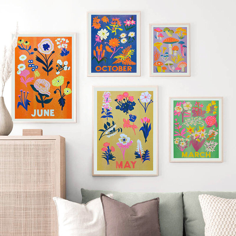 الفطر البرتقال الخل يمكن أغسطس الزهور فوكسglove الرسم على لوحات القماش الجدارية الشمال الملصقات يطبع صور غرفة المعيشة ديكور