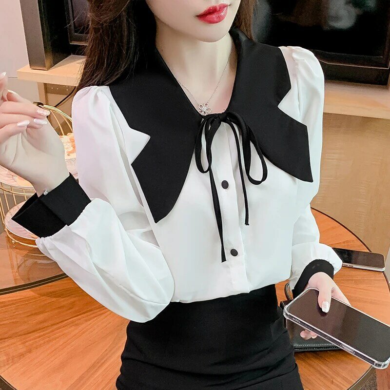 Summer White Shirt Women Korean Fashion Lace Up Loose Blouse Chiffon Button Shirt Clothes Women Long Sleeves Tops Camisas 598E
