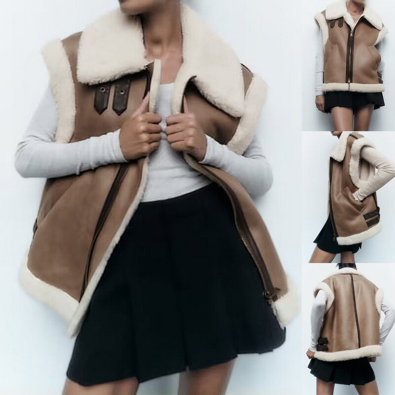 Chaleco de piel de oveja sintética para mujer, chaqueta elegante de lana de piel sintética sin mangas para Otoño e Invierno
