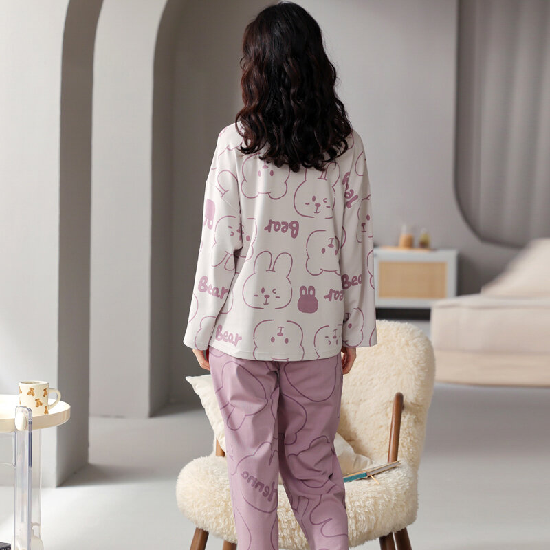 Пижама MiiOW, женский домашний костюм, хлопковые брюки с длинным рукавом и мультяшным животным, одежда для отдыха на осень и зиму
