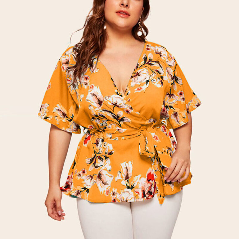الصيف امرأة بلايز الشيفون قميص الخامس الرقبة قصيرة الأكمام المطبوعة الخصر التعادل فضفاض بلايز قمصان للنساء الجرافيك المحملة