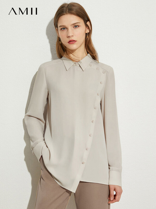 Amii-camisa de gasa minimalista para mujer, blusa fina asimétrica con cuello vuelto, Tops para oficina, Otoño, 12230407