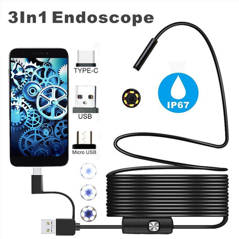 Câmera endoscópio impermeável, Borescope de inspeção flexível para telefone, PC, Espelho Dental, Android, USB ajustável, 6 LED, 7,0mm, 5,5mm