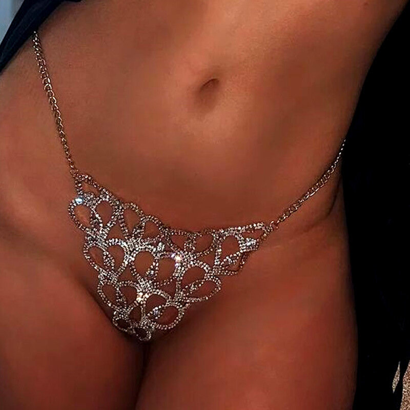 Sexy Bikini Rhinestone Thong For Women Luxury Crystal Body Chain Jewelry For Women Bikini Lingerie Rave Hollow Out Panties Gift
