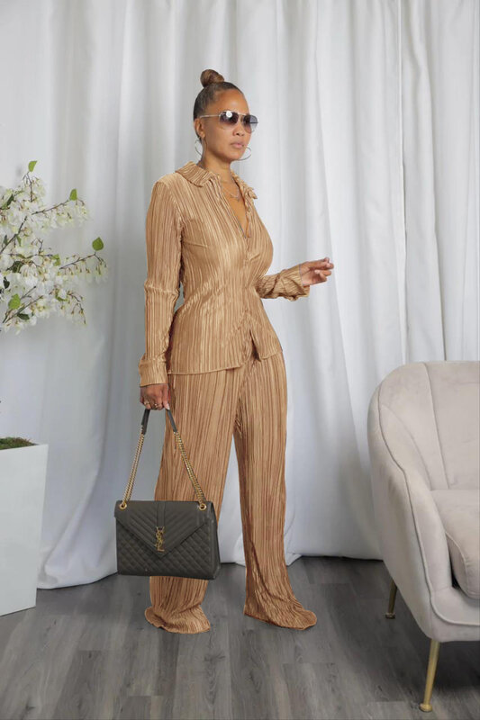 Autumn And Winter Tracksuit Pleated Shirt +Long Wide Pants Sportsuit Matching Set Solid Color Clothes For Women Outfit