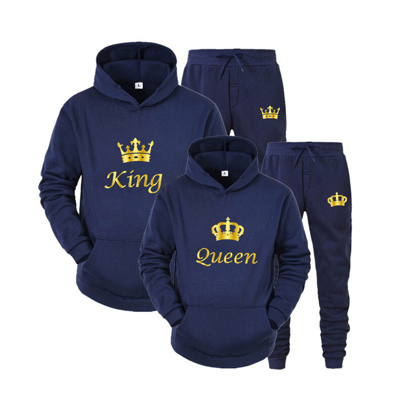Nieuwe King Queen Print Casual Hoodies Set Sweatshirt Mode Stellen Hooded Trui Pakken Herfst En Winter Man Vrouwen Sportkleding