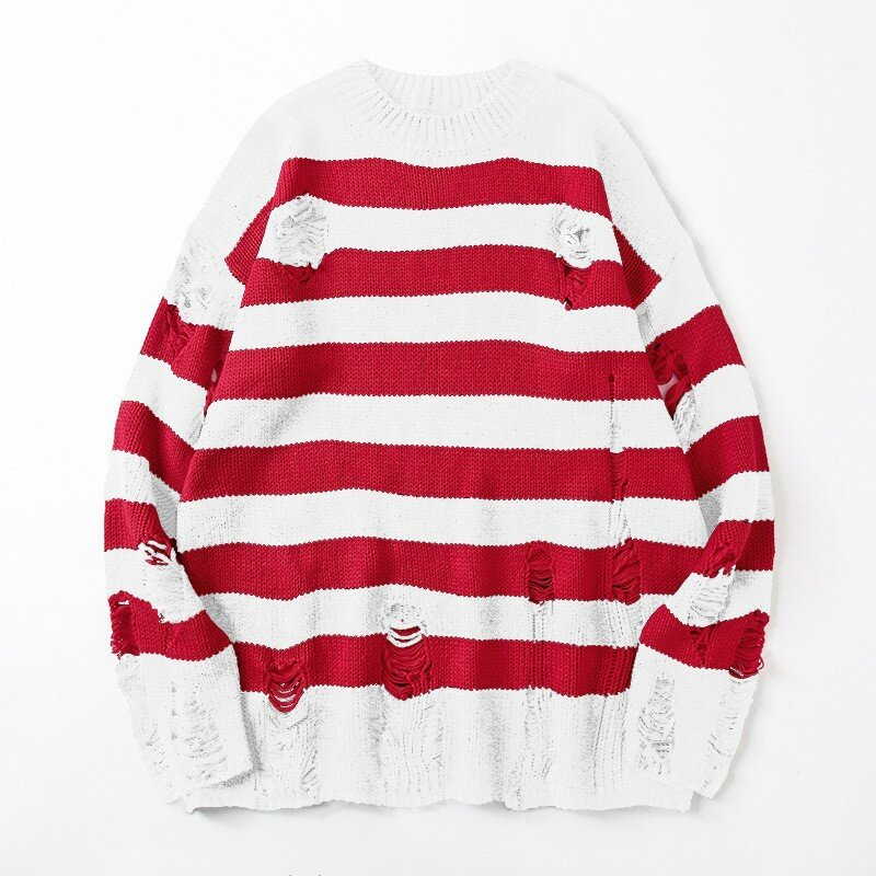 Couple's ripped sweater men's Korean version trendy brand knitted round neck striped outer wear men's men's sweater