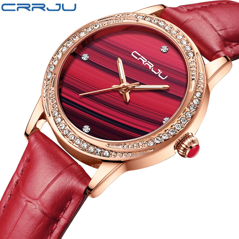 CRRJU 2022 New Luxury Branded Quartz Wristwatches Womens Charming Wrist With Thin Rose Gold Red Watch Leahter Watch Female