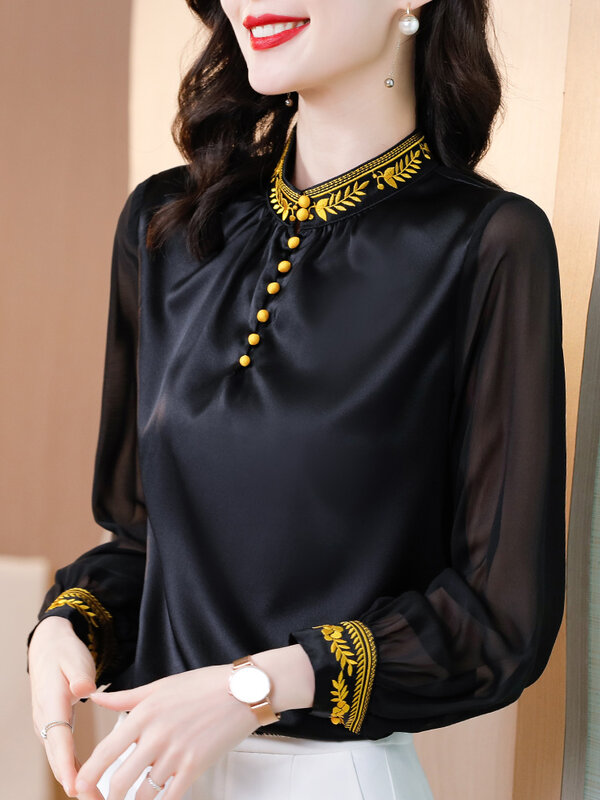 2021 Chinese Stijl Shirt Blouse Voor Vrouwen Bloem Print Vintage Mode Causale Blouse Dame Shirt