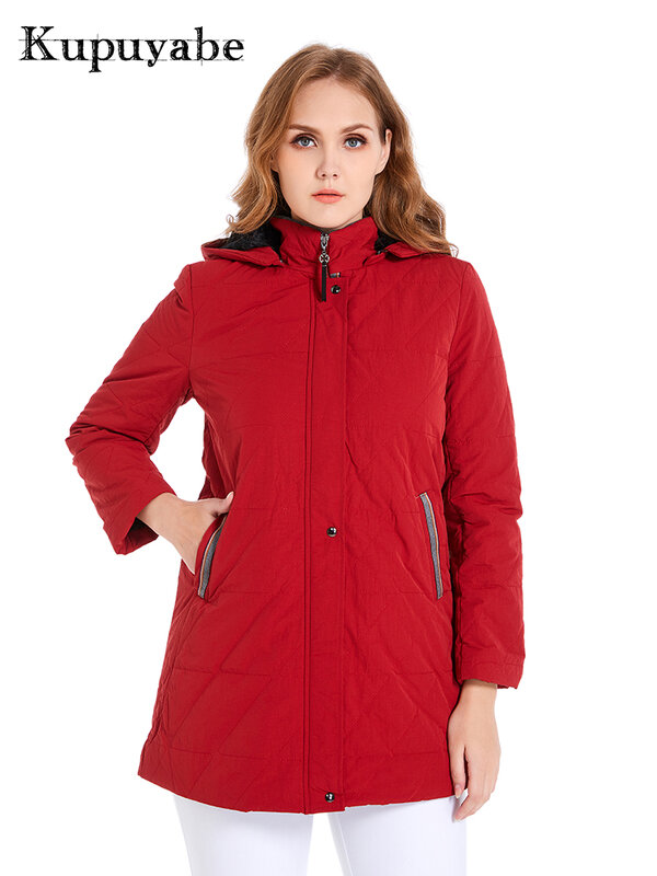 KUPUYABE feminino plus size inverno algodão jaqueta coral velo com capuz algodão acolchoado casaco de algodão quente e resistente ao vento